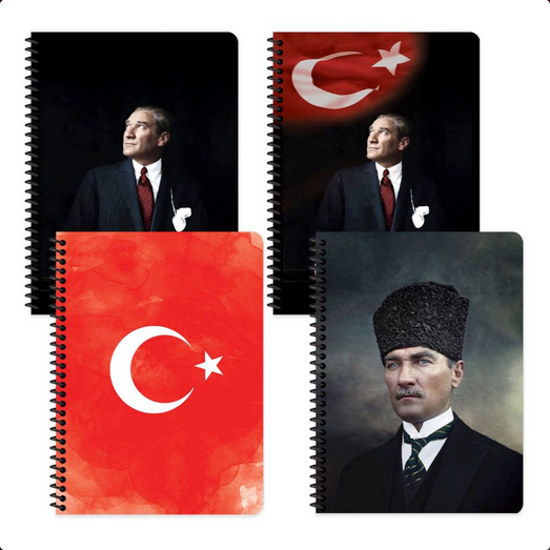 Atatürk ve Bayrak Defter 16,5x22,5 80 Yaprak Kareli Karton Kapak Spiralli Defter resmi