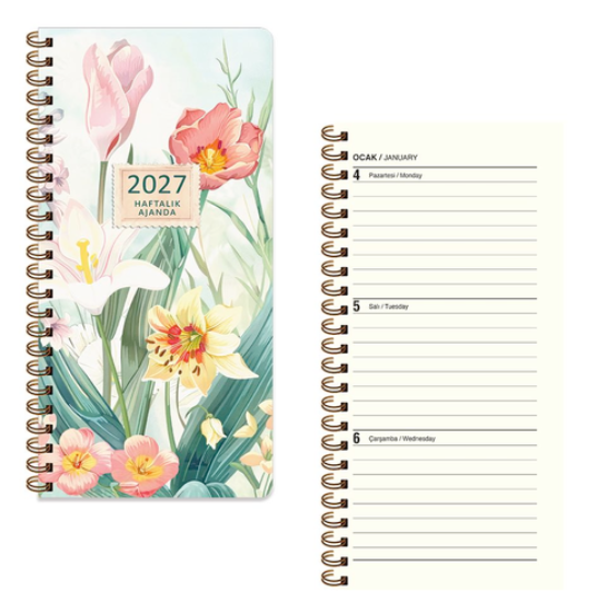 Floral 8x16 Haftalık Spiralli Cep Ajandası - 2027 resmi